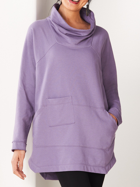 Plain Linen Mock Neck Sweatshirt, Purple, Long Sleeves