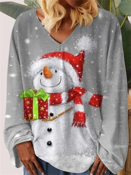 

Women's Long Sleeve Tee T-shirt Spring/Fall Christmas Snowman Jersey V Neck Daily Going Out Casual Top, Gray, T-Shirts