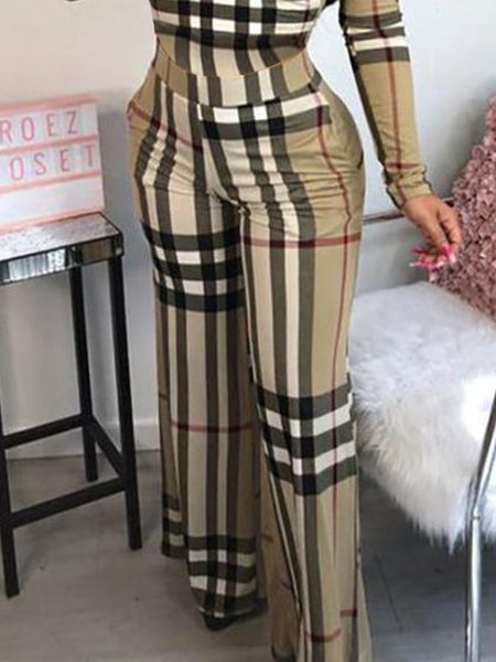 Urban Regular Fit Plaid Wide leg Pants, Khaki, Pants