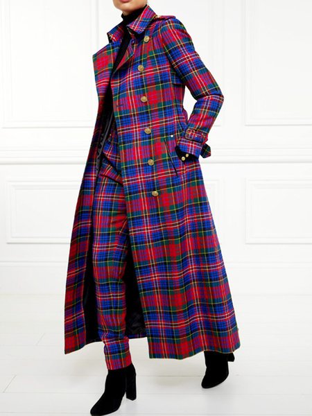 

Lapel Collar Urban Pocket Stitching Regular Sleeve Plaid Coat, As picture, Coats