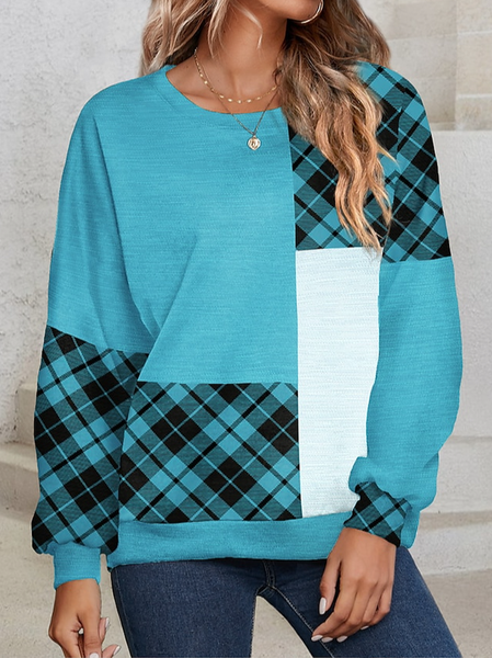 

Women's Crew Neck Plaid Casual Spring/Fall Long Sleeve Sweatshirt, Blue, Sweatshirts & Hoodies