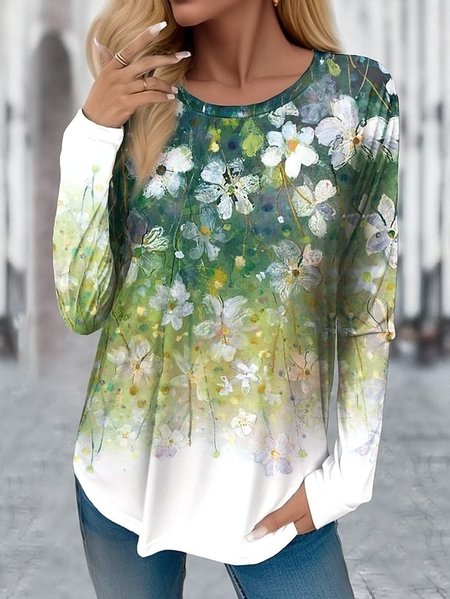 

Women's Long Sleeve Tee T-shirt Spring/Fall Floral Jersey Crew Neck Daily Going Out Casual Top, Green, T-Shirts