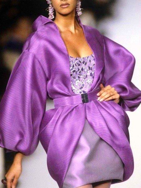 

Balloon Sleeve Plain Elegant Regular Fit Trench Coat With Belt, As picture, Trench Coats