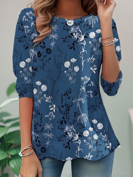 

Casual Floral Crew Neck Long Sleeve T-shirt, Blue, T-shirts
