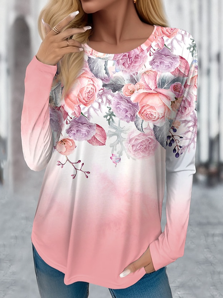 

Women's Long Sleeve Tee T-shirt Spring/Fall Floral Jersey Crew Neck Daily Going Out Casual Top, Pink, T-Shirts