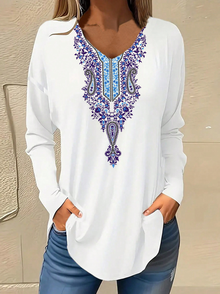 

Casual Ethnic V Neck Long Sleeve T-shirt, White, T-shirts