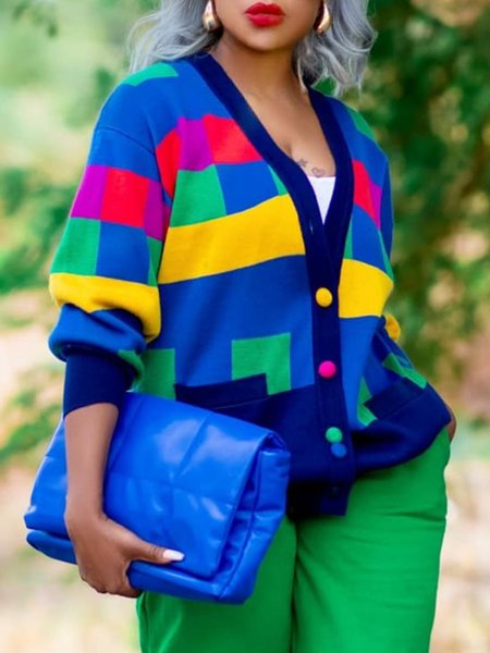 

Daily Urban V Neck Plaid Long Sleeve Cardigan, Blue, Cardigans