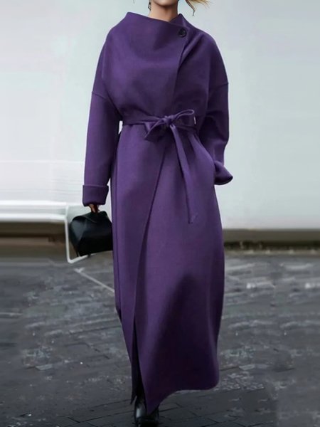 

Plain Urban Long Sleeve Stand Collar Coat With Belt, Purple, Coats