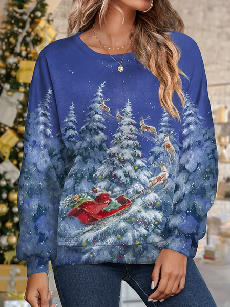 

Women's Crew Neck Christmas Casual Spring/Fall Long Sleeve Sweatshirt, Blue, Sweatshirts & Hoodies