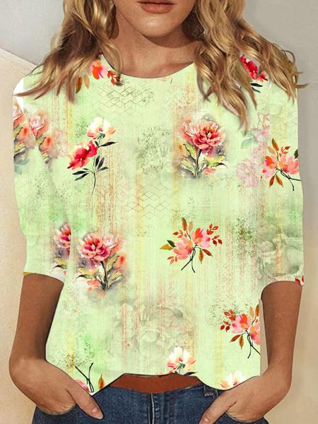 Crew Neck Casual T-Shirt, Green, Long sleeves