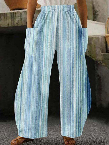 

Casual Striped Long Elastic Waist Pocket Stitching Pant, Blue, Leggings