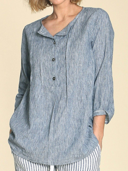 

Loose Crew Neck Linen Shirt, Blue, Long/Full Length Sleeve