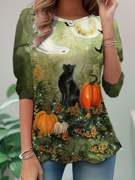

Casual Halloween Crew Neck Long Sleeve T-shirt, Green, T-shirts