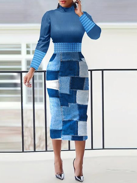 

Turtleneck Urban Colorblock Regular Fit Dress, Blue, Midi Dresses