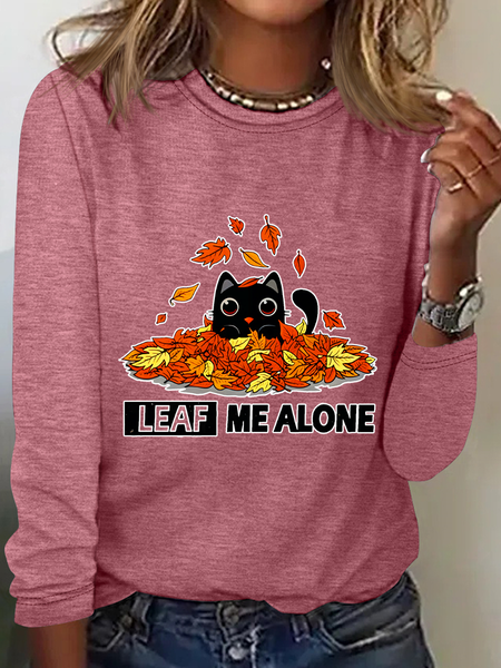 

Leaf Me Alone Fall Cat Casual Long Sleeve Shirtw, Watermelon, Long sleeves