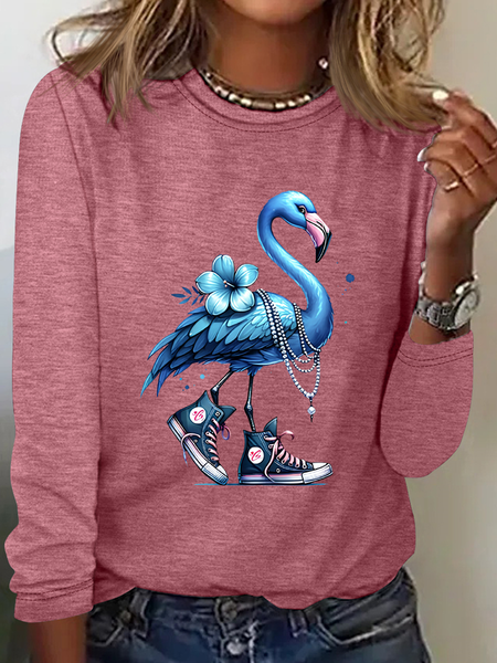 

Pearl Necklace Canvas Shoes Blue Flamingo Print Casual Long Sleeve Shirt, Watermelon, Long sleeves