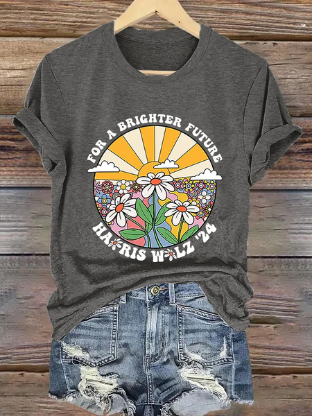 

Retro For Brighter Future Sun And Daisy Print T-Shirt, Deep gray, T-shirts
