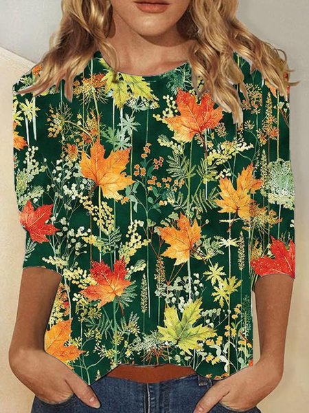 

Casual Floral Crew Neck Long Sleeve T-shirt, Green, T-shirts