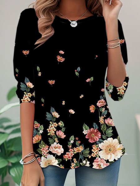 

Casual Floral Crew Neck Long Sleeve T-shirt, Black, T-shirts