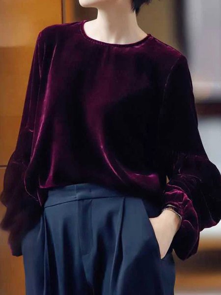 

Peplum Elegant Loose Ruffle Sleeve Plain Blouse, Burgundy, Blouses and Shirts
