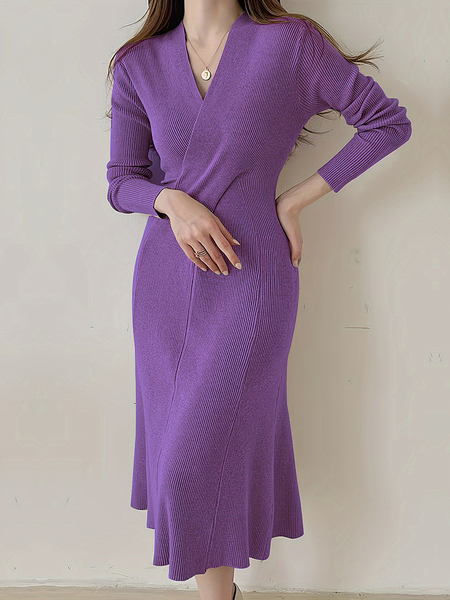 

Tight High Elasticity Regular Sleeve V Neck Long Sleeve Elegant Plain Sweater Midi Dress, Purple, Midi Dresses