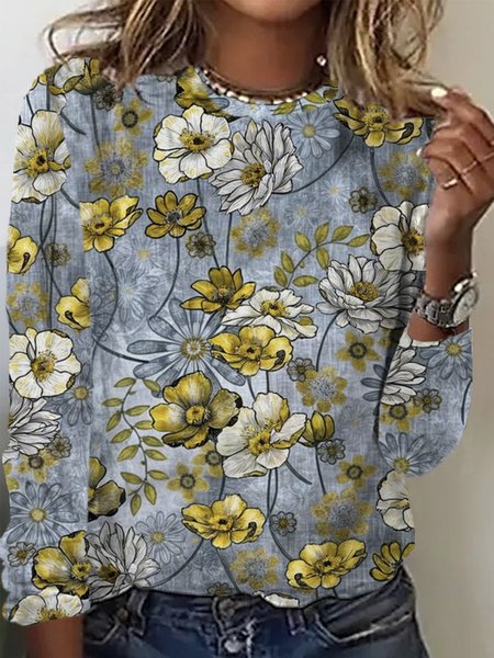 

Casual Floral Crew Neck Long Sleeve T-shirt, Gray, T-shirts