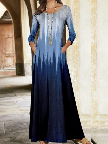 

Women's Ombre Long Sleeve Spring/Fall Pocket Stitching Dress Crew Neck Daily Casual Maxi T-Shirt Dress H-Line Dress, Blue, Dresses