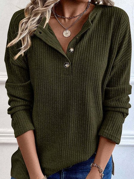 

Women's Long Sleeve Blouse Spring/Fall Plain Buttoned Jersey V Neck Daily Going Out Casual Top, Army green, Blouses