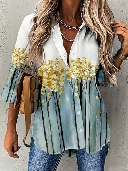 

Shirt Collar Long Sleeve Abstract Buttoned Regular Loose TUNIC Shirt For Women, As picture, Shirts