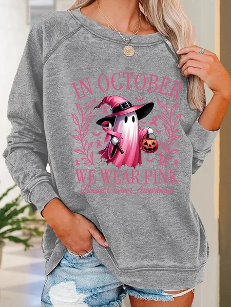 

In October We Wear Pink Halloween Ghost Breast Cancer Awareness Warrior Casual Sweatshirt, Light gray, Hoodies&Sweatshirts