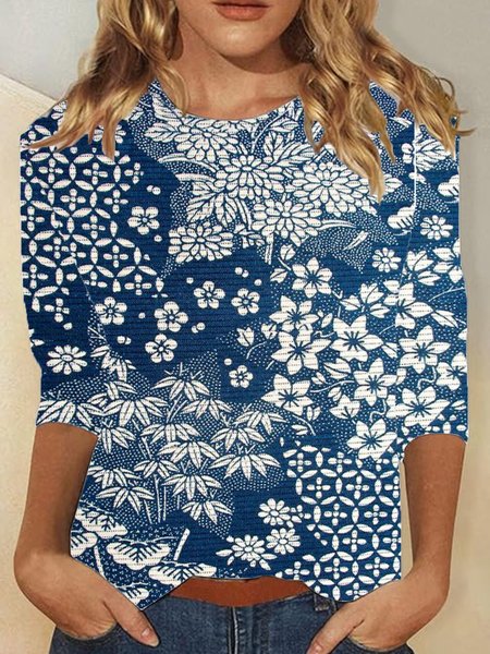 

Casual Floral Crew Neck Long Sleeve T-shirt, Blue, T-shirts
