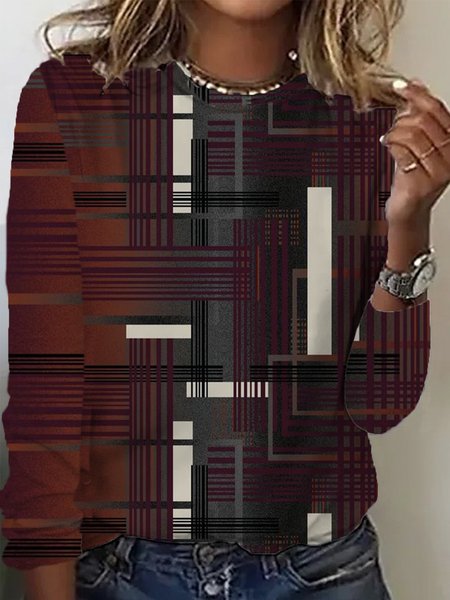 

Casual Geometric Crew Neck Long Sleeve T-shirt, Wine red, T-shirts