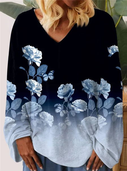 

Women's Long Sleeve Tee T-shirt Spring/Fall Floral Jersey V Neck Daily Going Out Casual Top, Black, T-Shirts