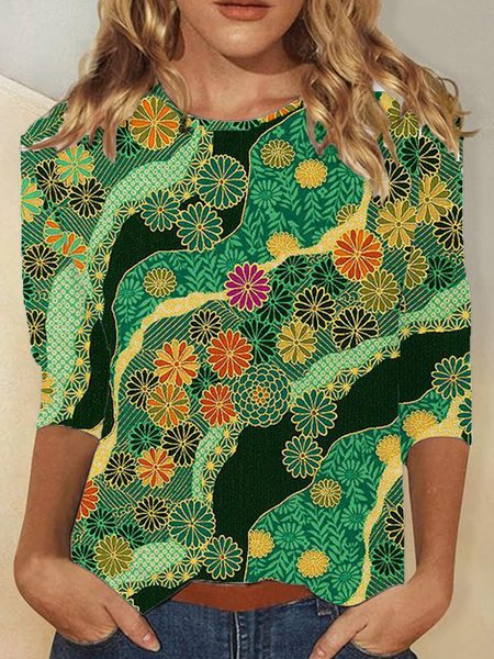 Casual Ethnic Crew Neck Long Sleeve T-shirt, Green, T-shirts