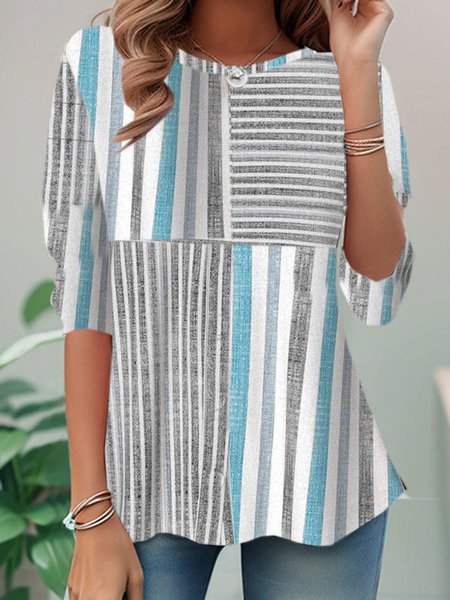 Casual Striped Crew Neck Long Sleeve T-shirt, Gray, T-shirts