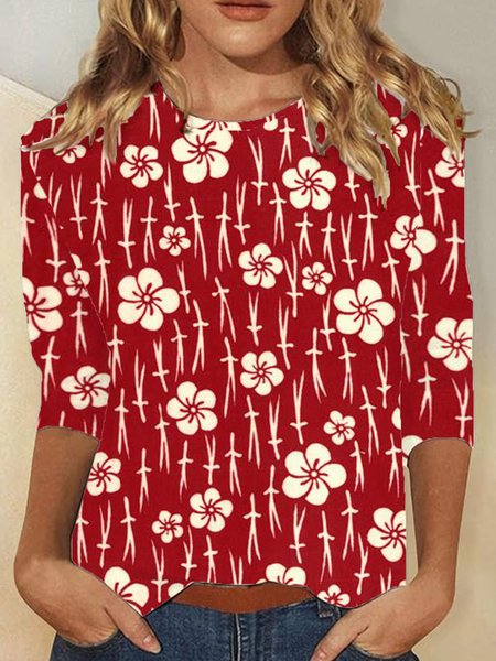 

Casual Floral Crew Neck Long Sleeve T-shirt, Wine red, T-shirts