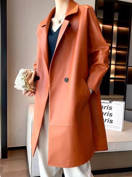

Regular Sleeve Pu Pocket Stitching Urban Faux Leather Coat, Brick red, Blazers