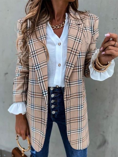 Women's Plaid Regular Loose Blazer, Khaki, Blazers