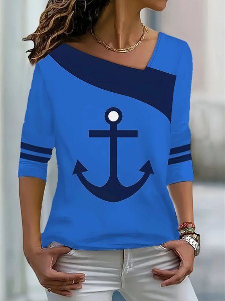 

Long Sleeve Anchor Regular Micro-Elasticity Loose Blouse For Women, Blue, Blouses