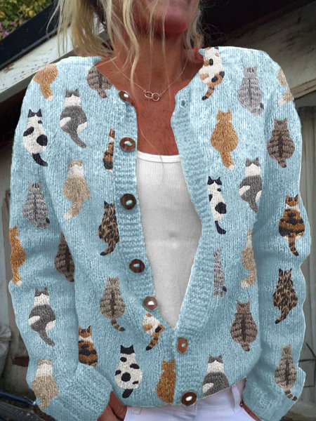 Cat round neck button knit sweater, Light blue, Cardigans