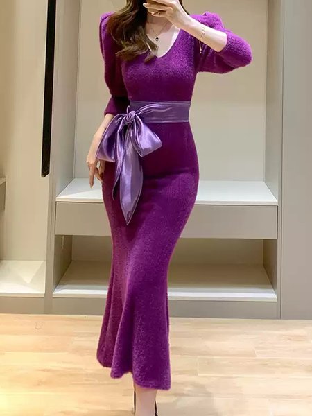 

Elegant V Neck Puff Sleeve Sweater Dress With Belt, Purple, Maxi Dresses