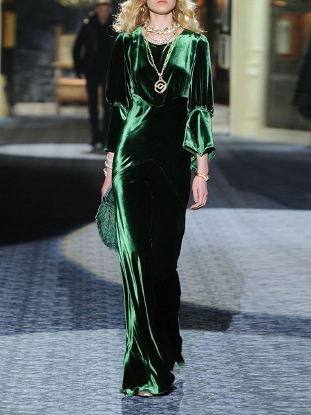 

Velvet Gathered Elegant Crew Neck Dress, Green, Maxi Dresses