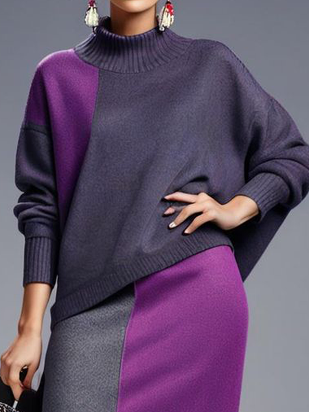 

Medium Elasticity Casual Color Block Regular Sleeve Loose Turtleneck Long Sleeve Sweater, As picture, Pullovers