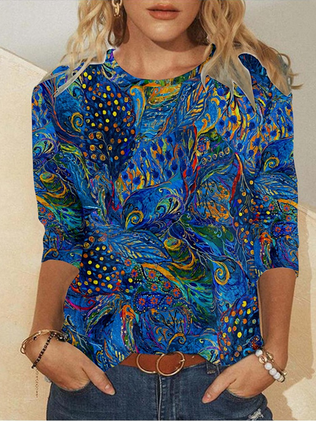 

Casual Abstract Crew Neck Long Sleeve T-shirt, Blue, T-shirts
