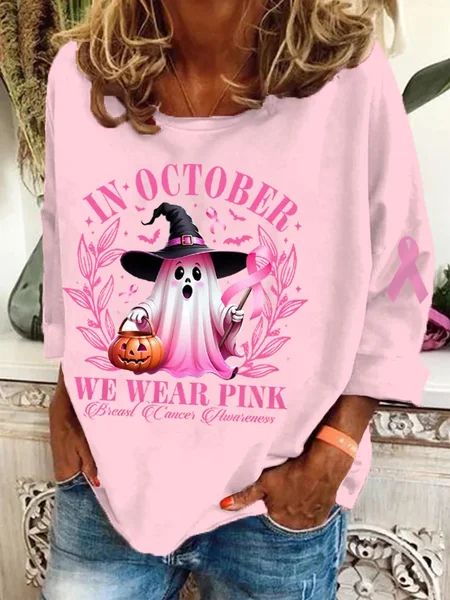 

Women's In October We Wear Pink Halloween Ghost Breast Cancer Awareness Warrior Sweatshirt, Hoodies&Sweatshirts