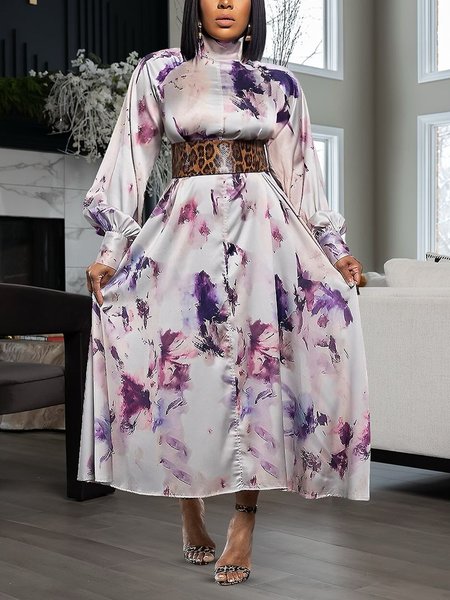 

Stand Collar Floral Elegant Raglan Sleeve Midi Dress With No Belt, Purple, Maxi Dresses