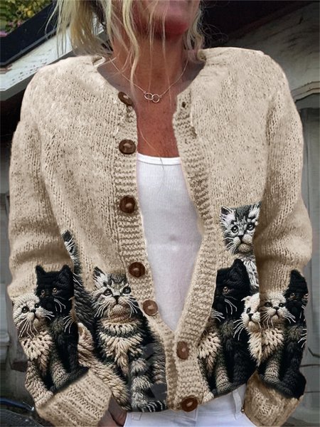 

Knitted Regular Fit Crew Neck Casual Cardigan, Apricot, Cardigans
