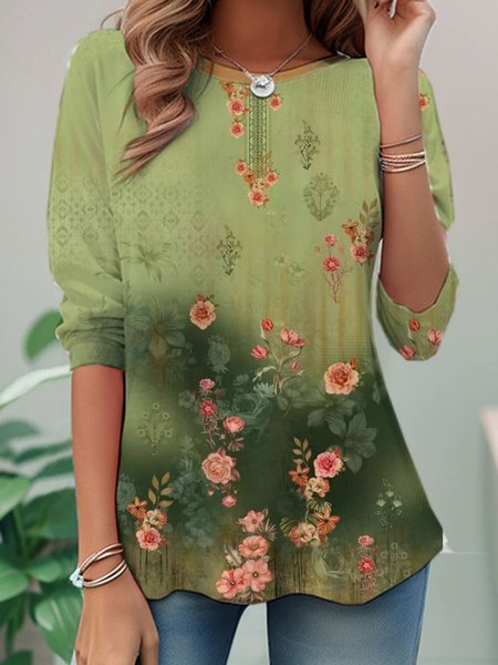 Casual Floral Crew Neck Long Sleeve T-shirt, Green, T-shirts