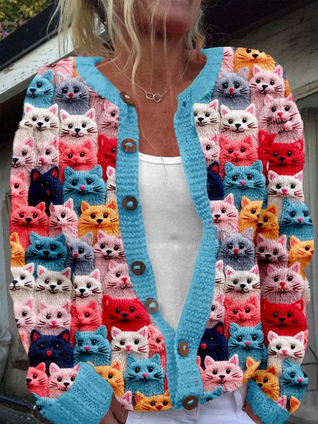 

Fashionable multi-color cat round neck button knit sweater, Blue, Cardigans