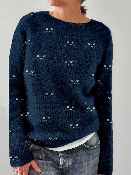 

Cute Cats Embroidered Comfy Sweater, Dark blue, Sweaters